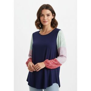 Raw Edge Patchwork Multicolor Elastic Cuff LongSleeve Crewneck PulloverTop Small